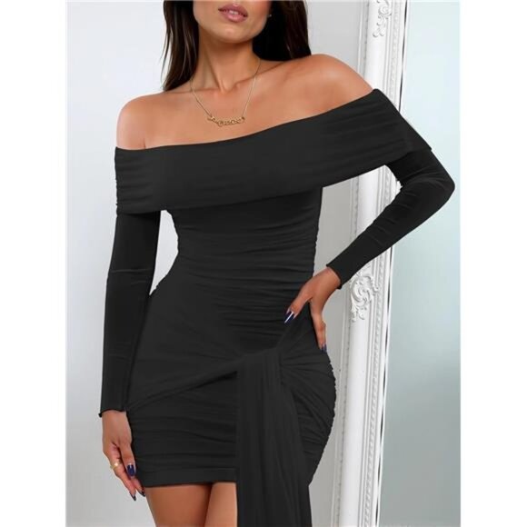 Womens Dress Off The Shoulder Long Sleeve Black - Picture 1 of 6